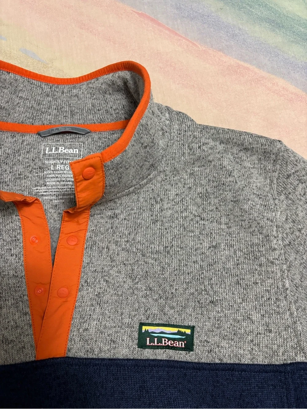 LL Bean Snap Fleece Pullover Sweater men’s L Grey blue Colorblock slightly fit